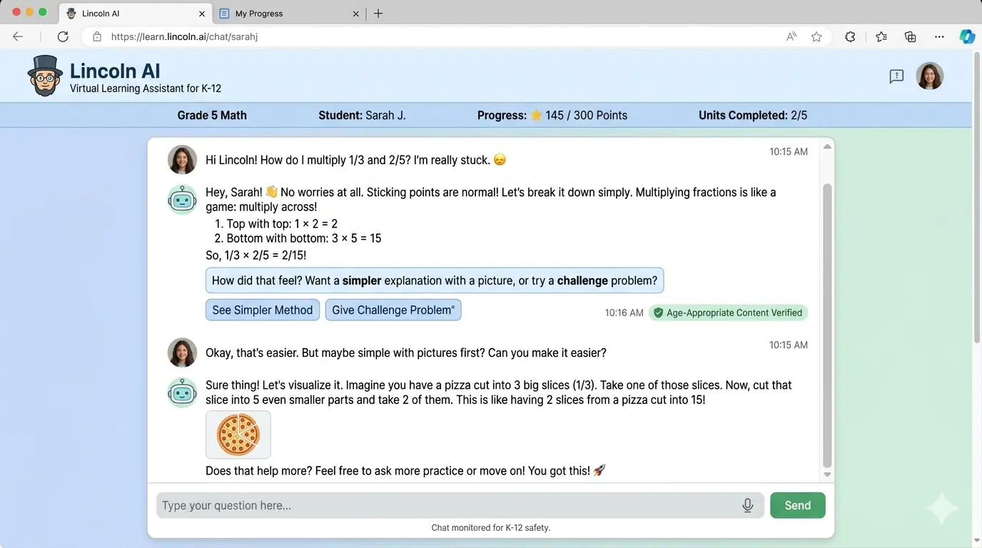 Lincoln AI tutoring platform interface with curriculum aligned student assistance