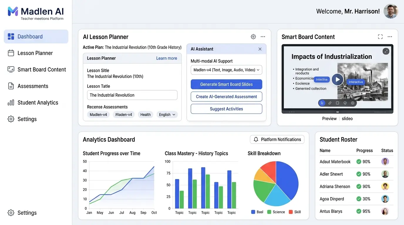 Madlen AI classroom workflow platform with lesson planning and analytics dashboard