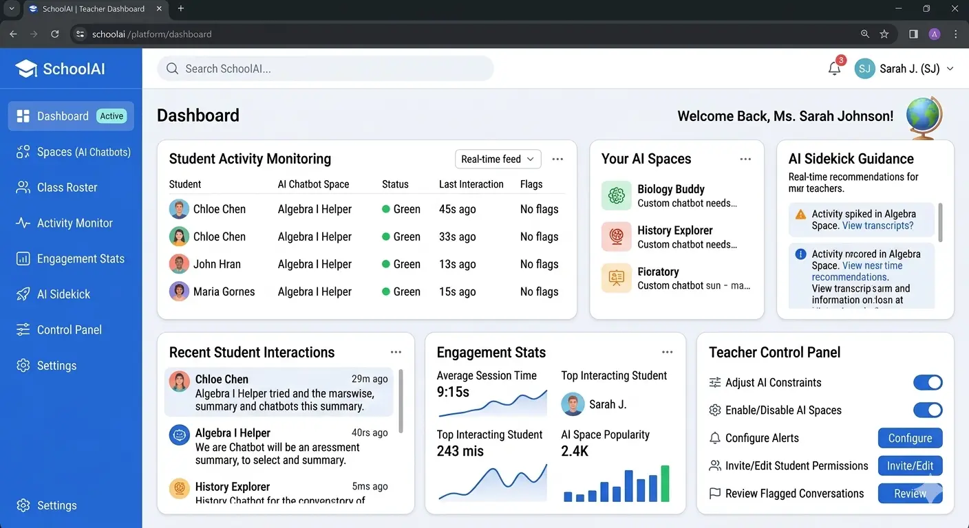 SchoolAI platform interface showing student AI chat spaces and teacher control panel