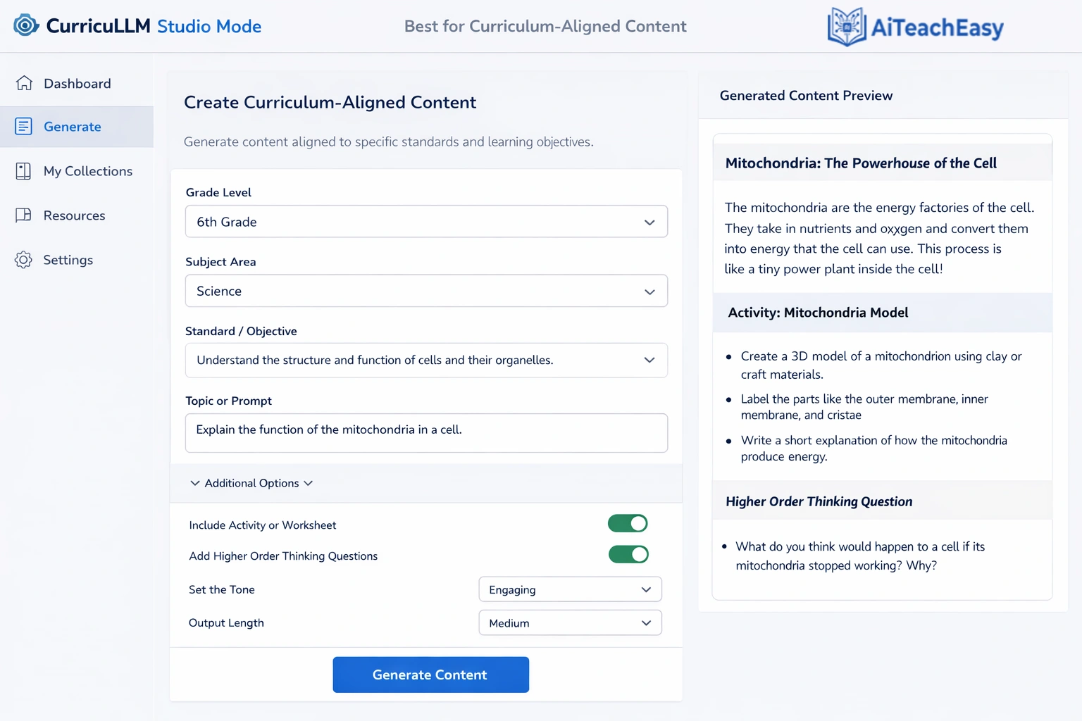 CurricuLLM Studio Mode – Best for Curriculum-Aligned Content