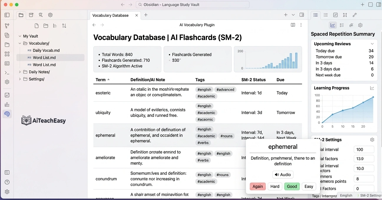 Obsidian + AI Vocabulary Plugin – SM-2 Algorithm
