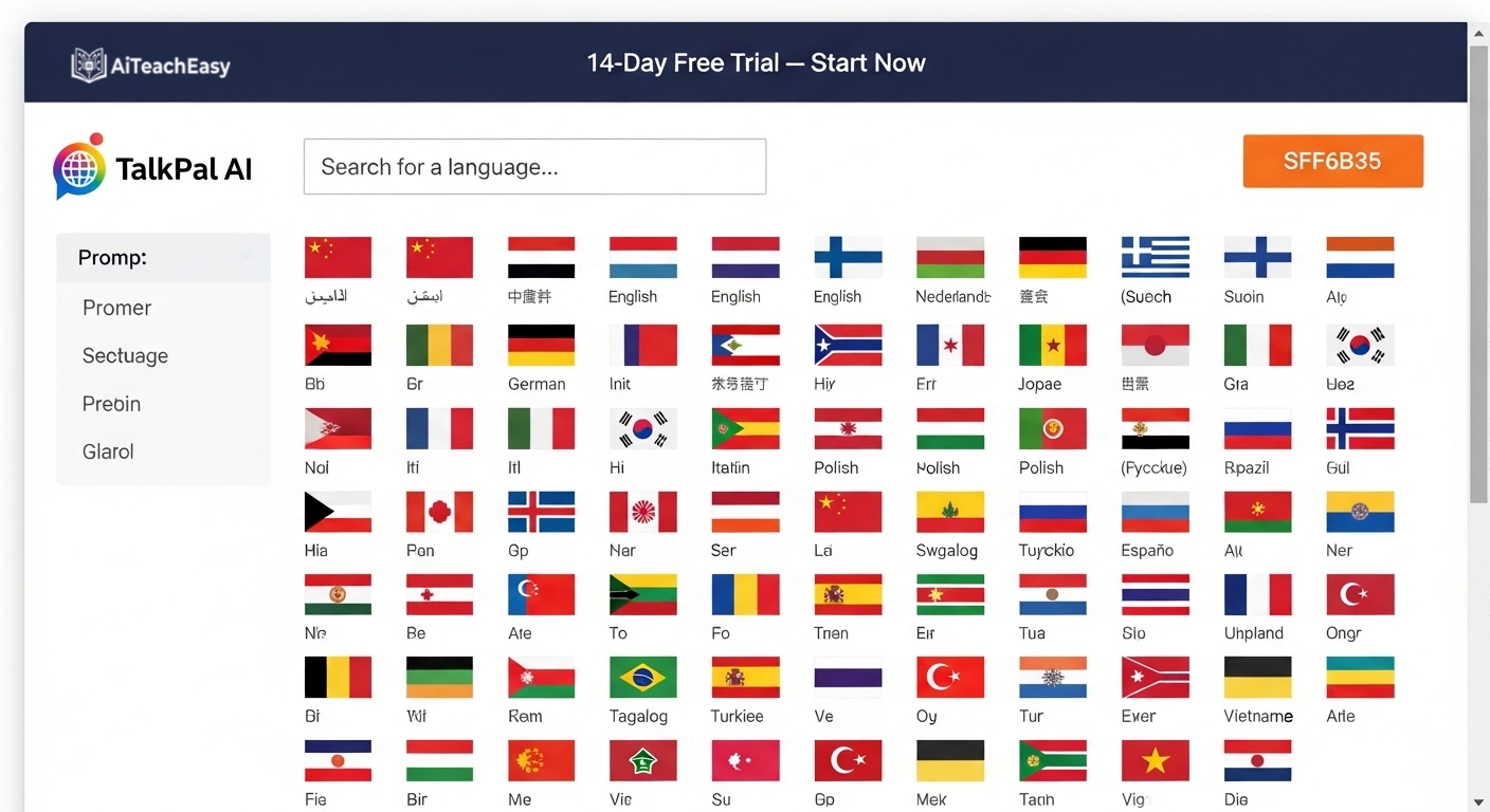 TalkPal AI language selection dashboard showing 57+ languages
