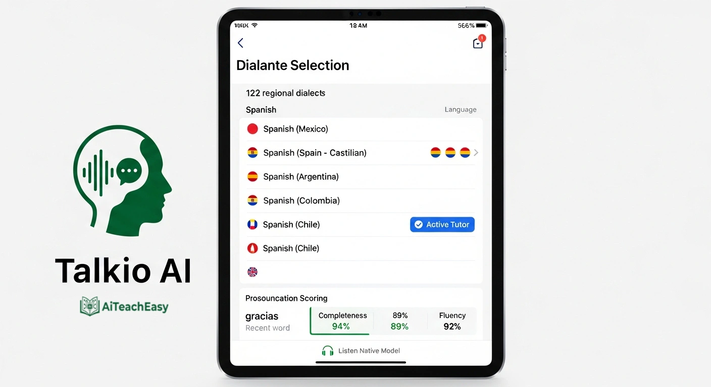 Talkio AI dialect selection menu showing regional variants