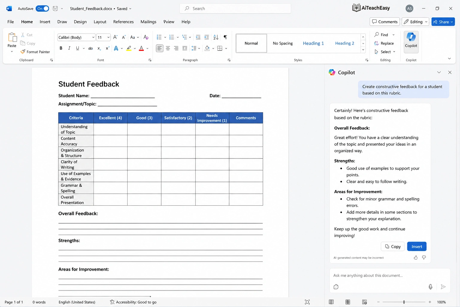 Use AI with MS Word for Student Feedback