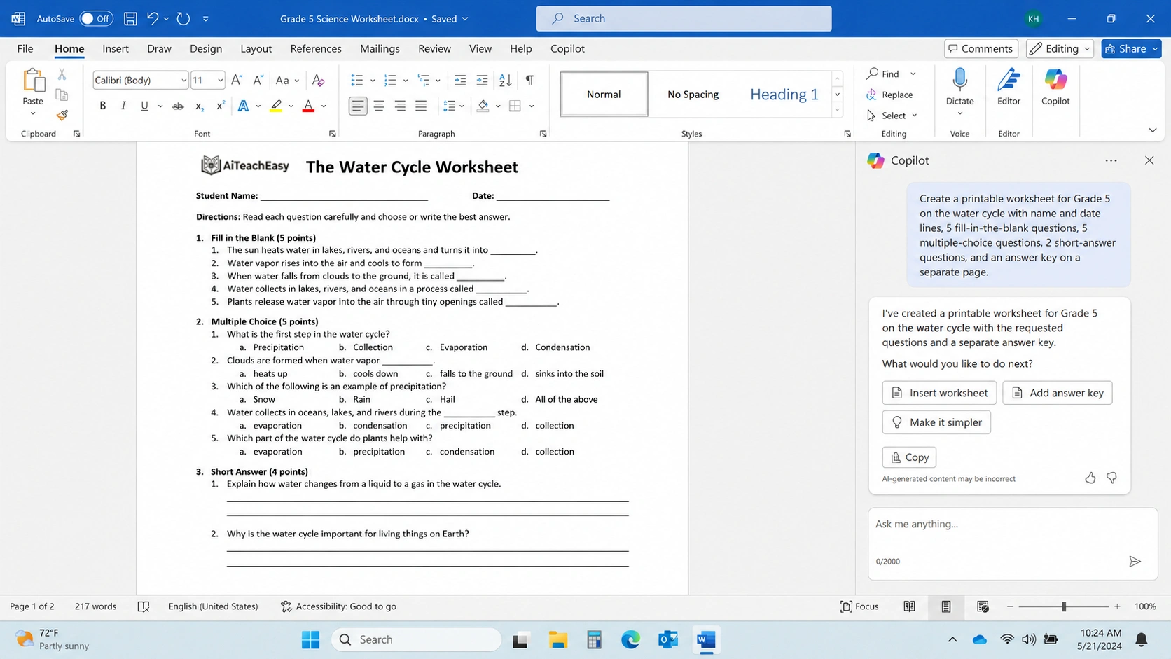 Use AI with MS Word to Create Worksheets