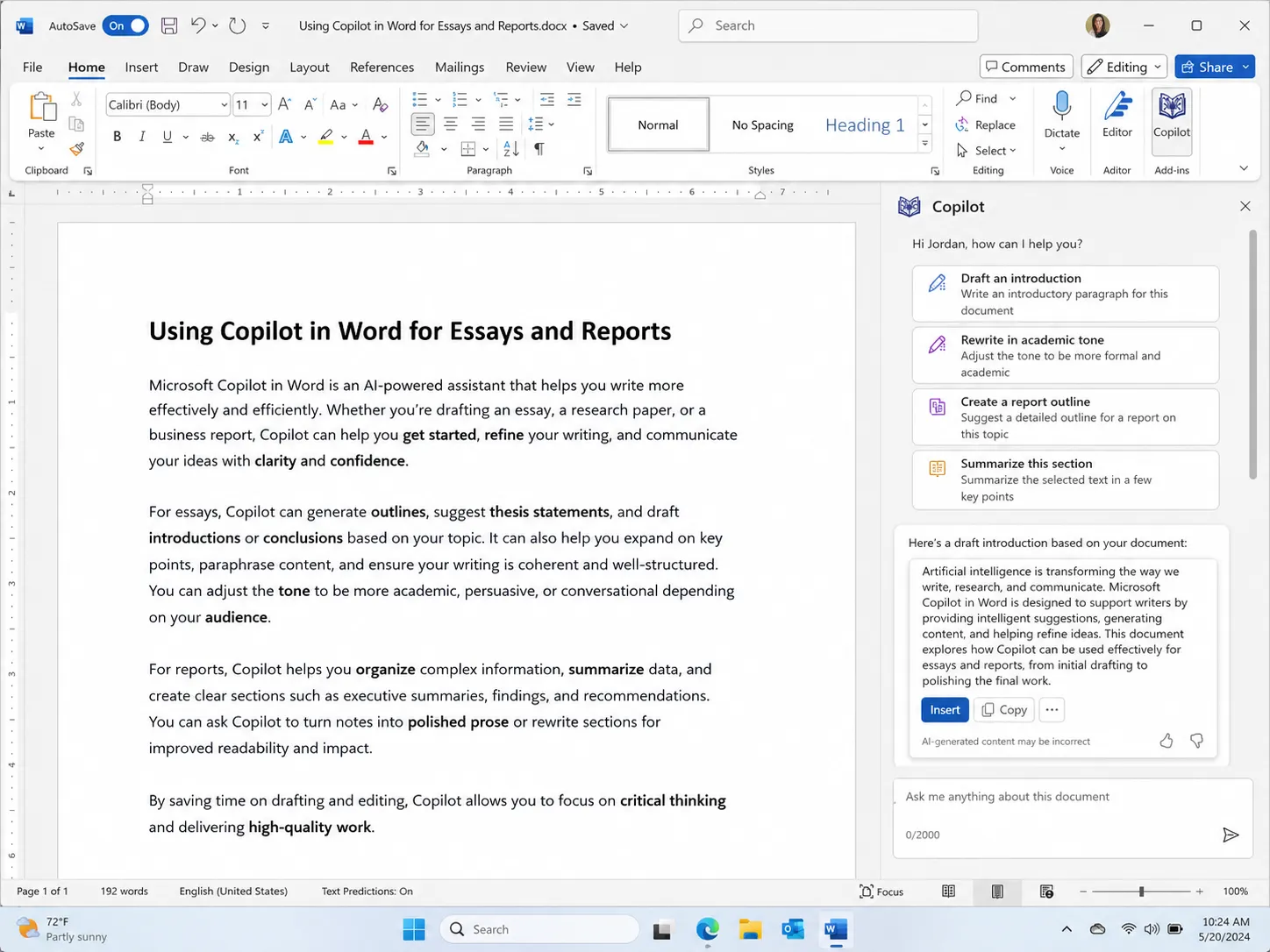 Use Copilot in Word for Essays and Reports