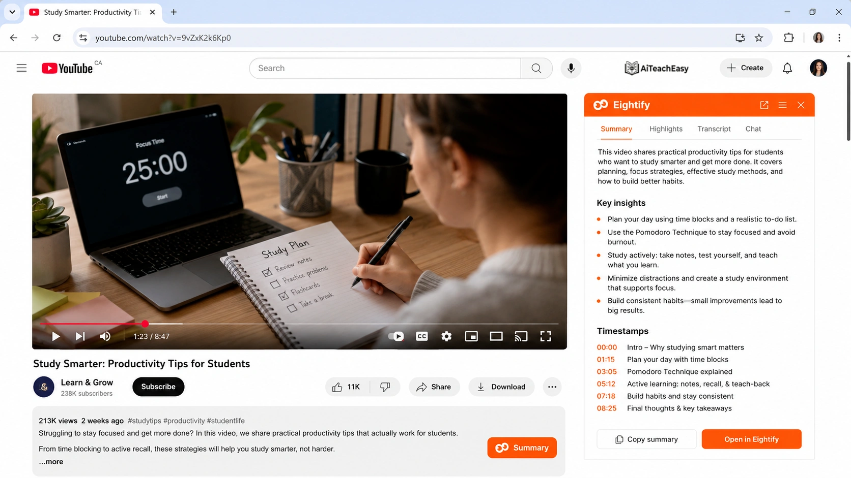Use Eightify for Short YouTube Video Summaries