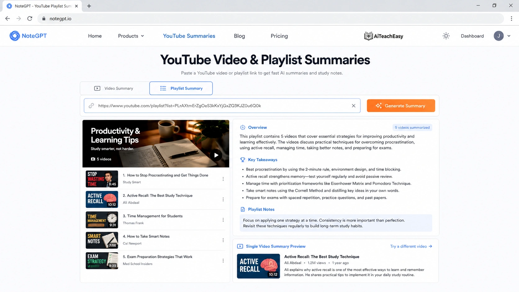 Use NoteGPT for YouTube Video and Playlist Summaries