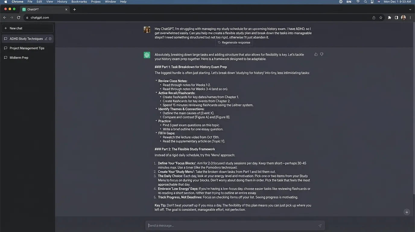 ChatGPT: Best Flexible AI Assistant for ADHD Study Planning and Task Breakdown