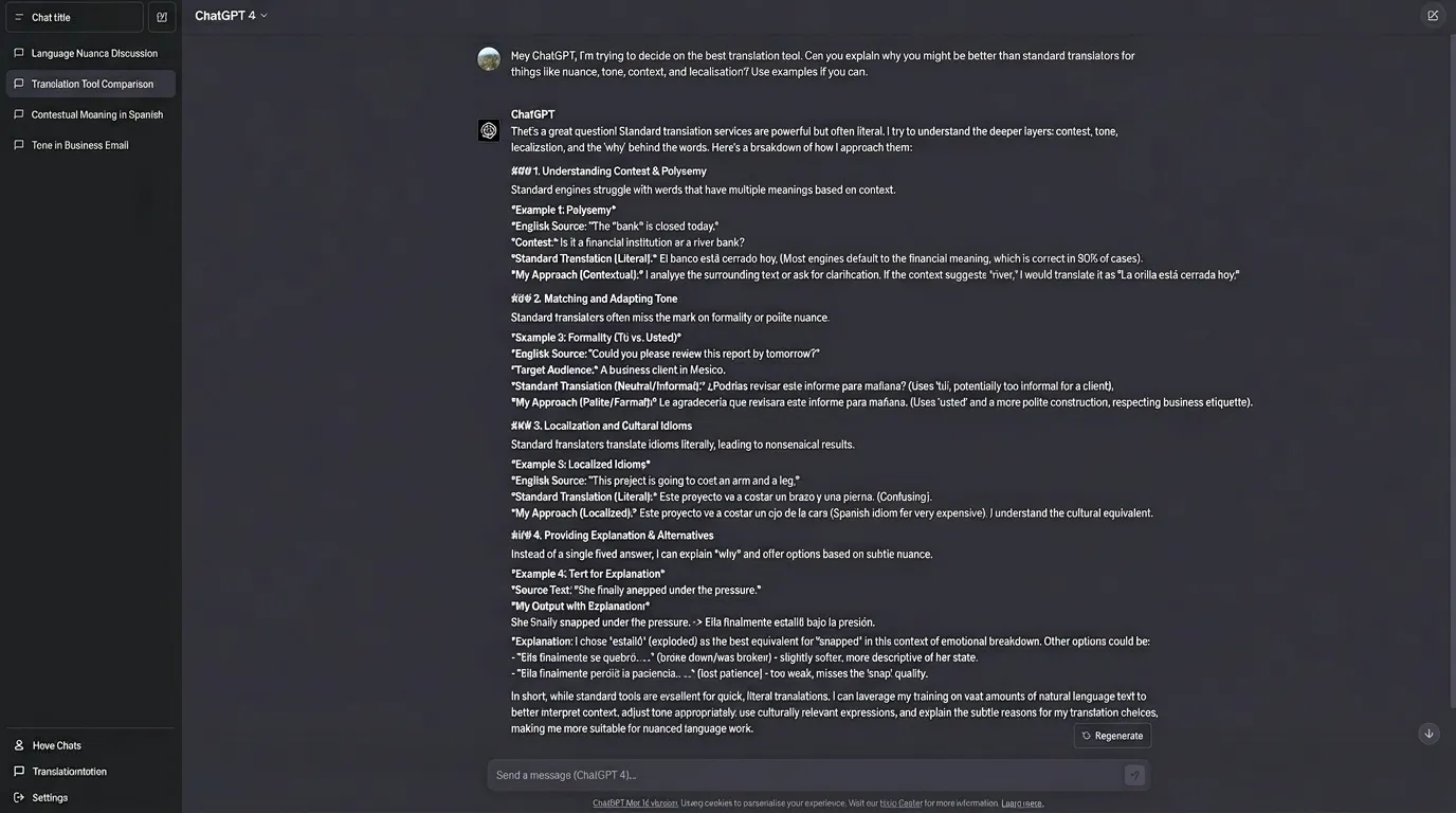 ChatGPT: Best AI Translator for Context, Tone, Localization, and Explanation
