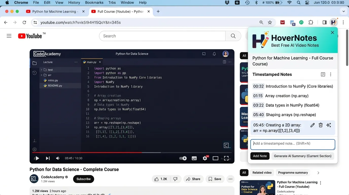 HoverNotes: Best Free AI Chrome Extension for YouTube, Udemy, and Coursera Video Notes
