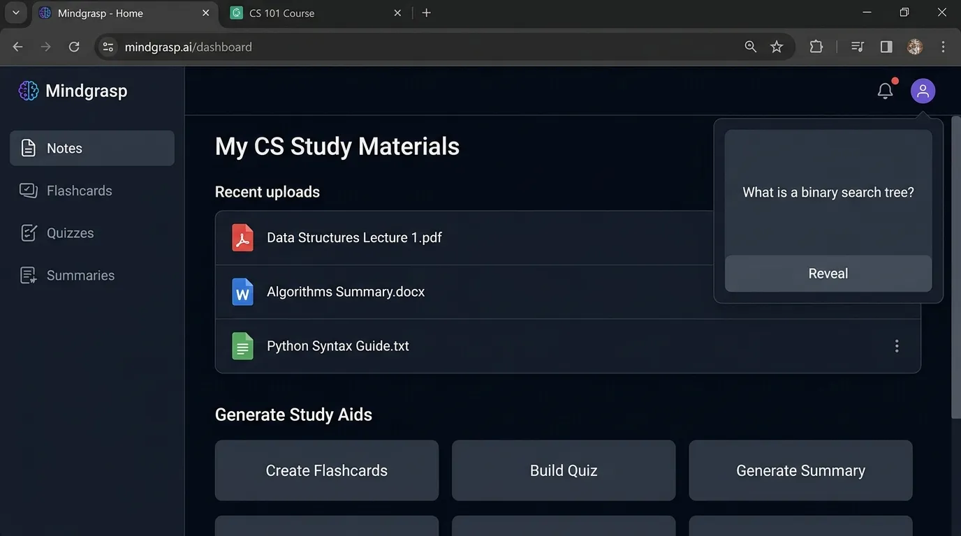 Mindgrasp — Best for Turning CS Notes Into Study Materials