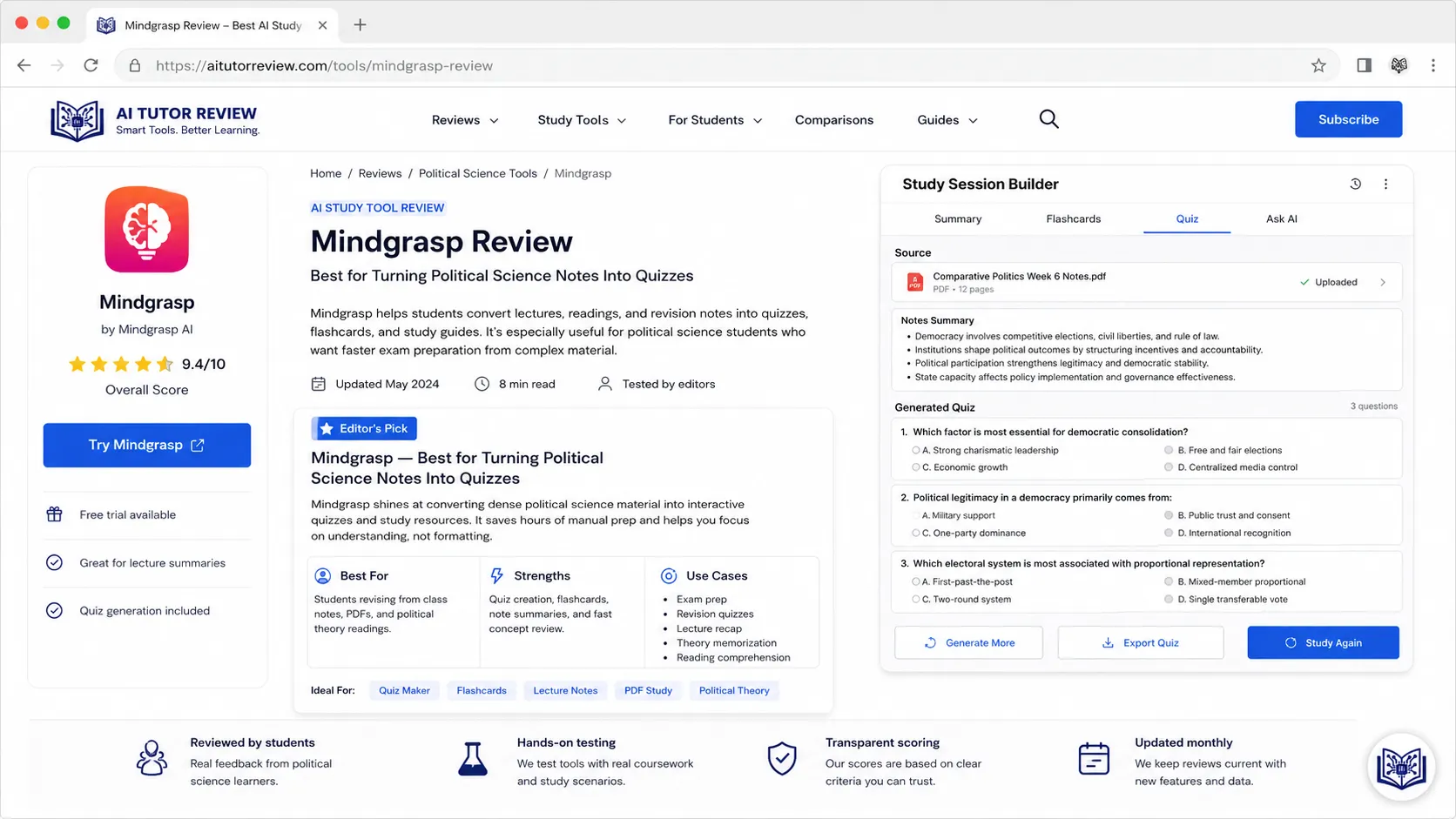 Mindgrasp — Best for Turning Political Science Notes Into Quizzes