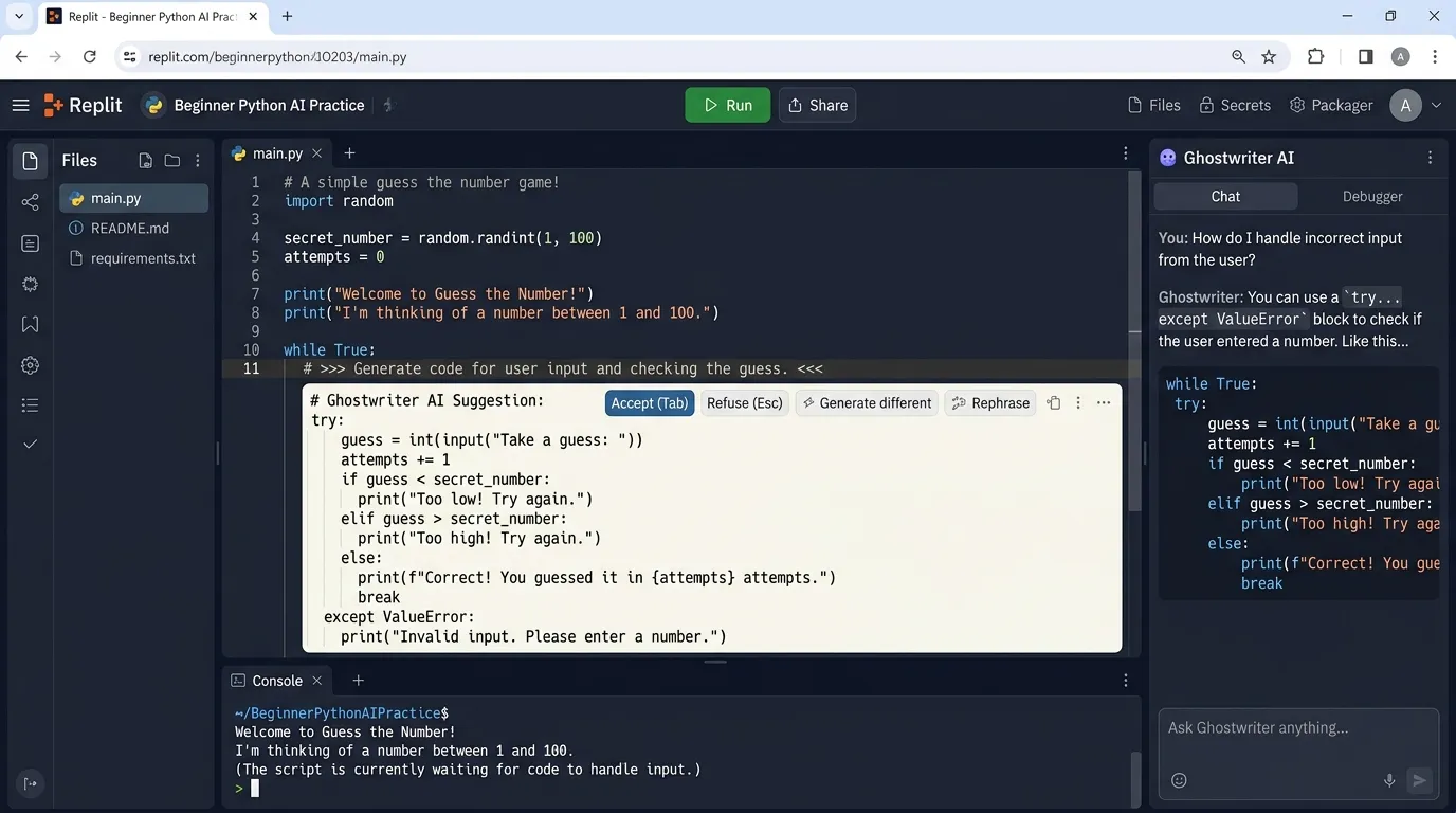  Replit AI — Best for Beginner Coding Practice