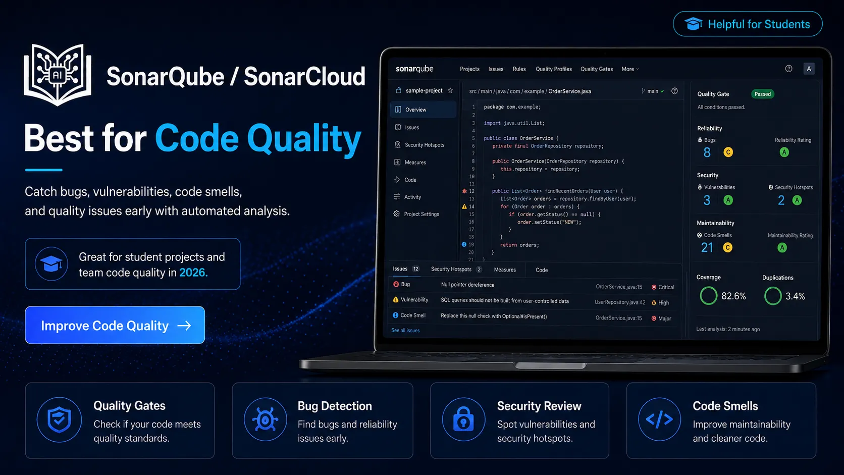 11. SonarQube / SonarCloud — Best for Code Quality