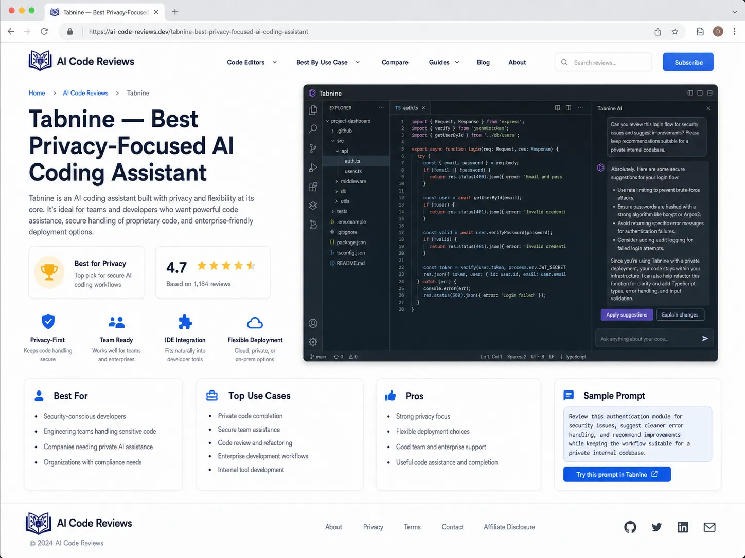 Tabnine — Best Privacy-Focused AI Coding Assistant