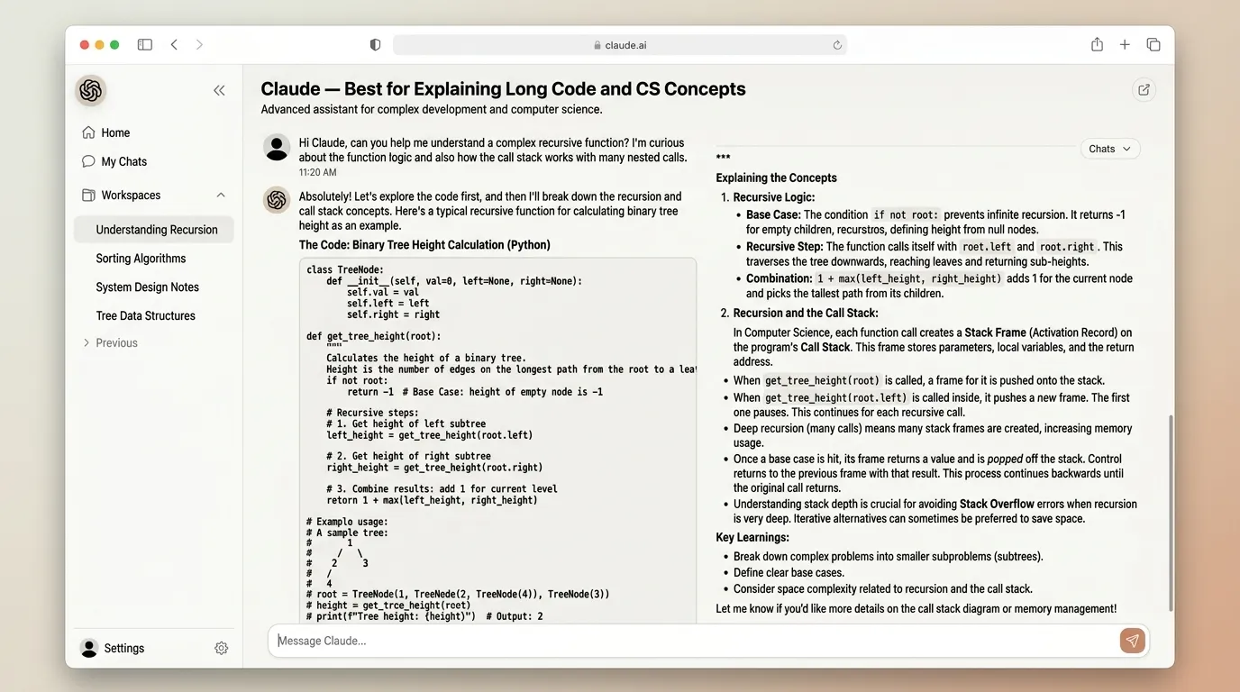Claude — Best for Explaining Long Code and CS Concepts